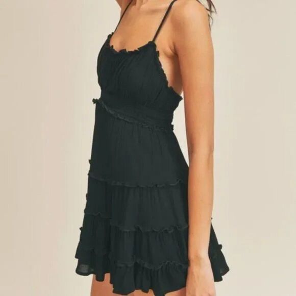NWT Anthropologie Black Ruffle Tier Mini Dress - Picture 3 of 6